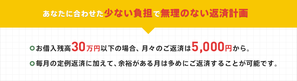 あなたに合わせた少ない負担で無理のない返済計画 〇お借入残高30万円以下の場合、月々のご返済は5,000円から。 〇毎月の定例返済に加えて、余裕がある月は多めにご返済することが可能です。